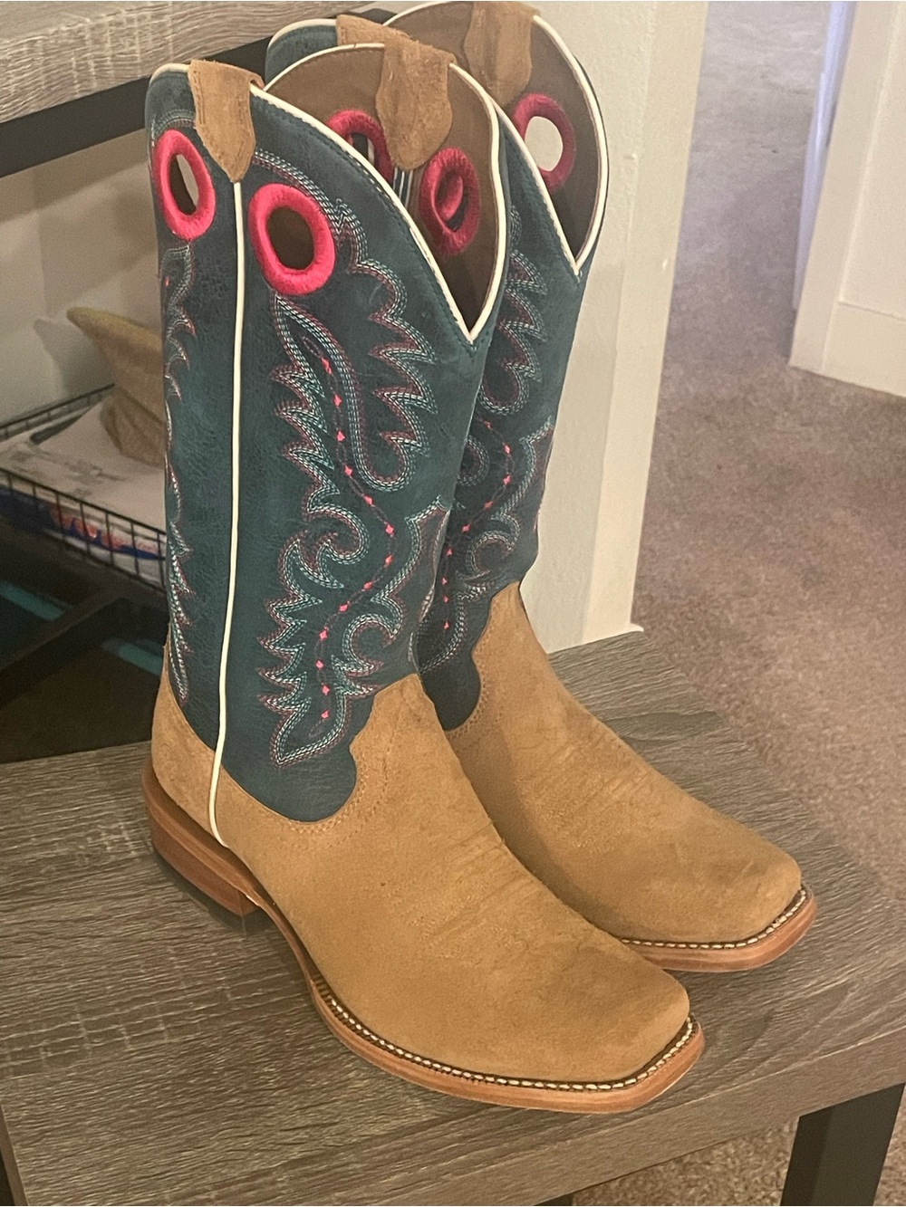 Ariat Teal Shaft with Pink Accents and Tan Suede Foot Pull-On Boots